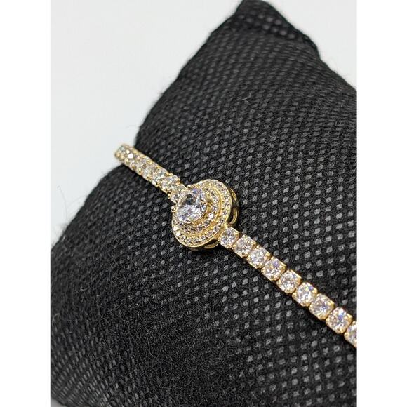 Lariat Bracelet 925 CZ Clear Rhinestones Gold Tone Bolo Tennis Style Minimalist - Picture 10 of 12